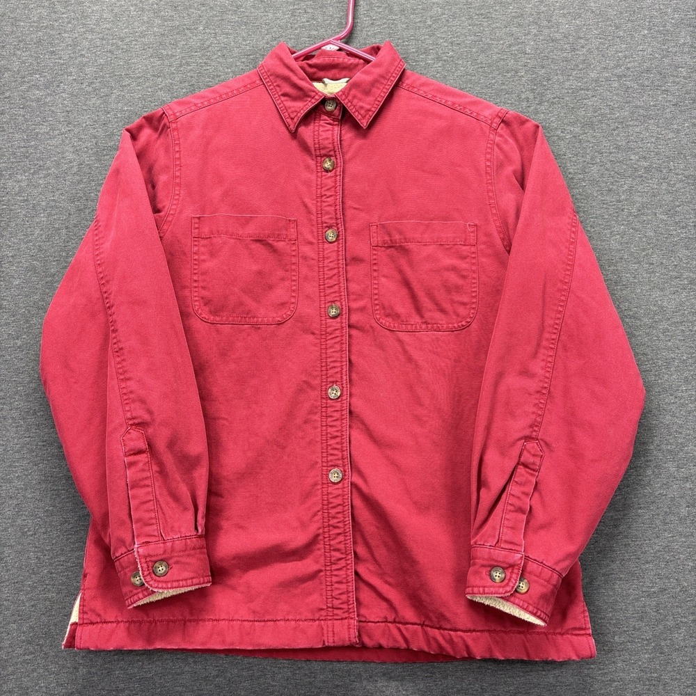 VTG Woolrich Denim Shirt Jacket Sherpa Fleece Lined Shacket Womens M Ruby Red